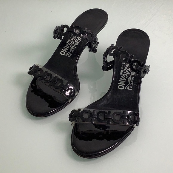 Salvatore Ferragamo kitten heel Leather Patent vinyl strappy sandals SZ 7 B EUC - Picture 8 of 16